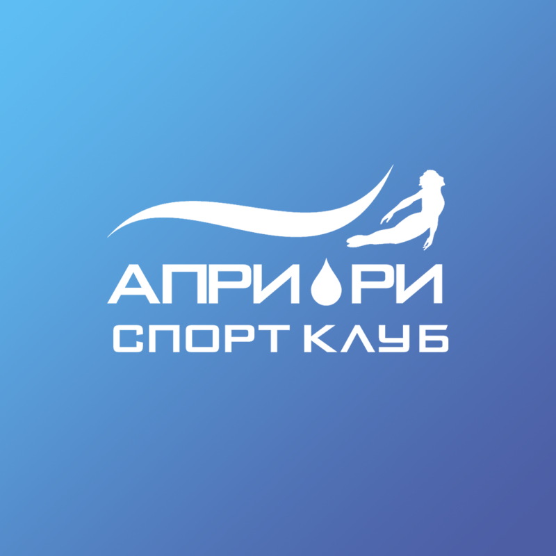 Logo for “Apriori Sport Club” features a stylized white swimmer, a curved line suggesting movement, and the club's name in white text against a blue gradient background.