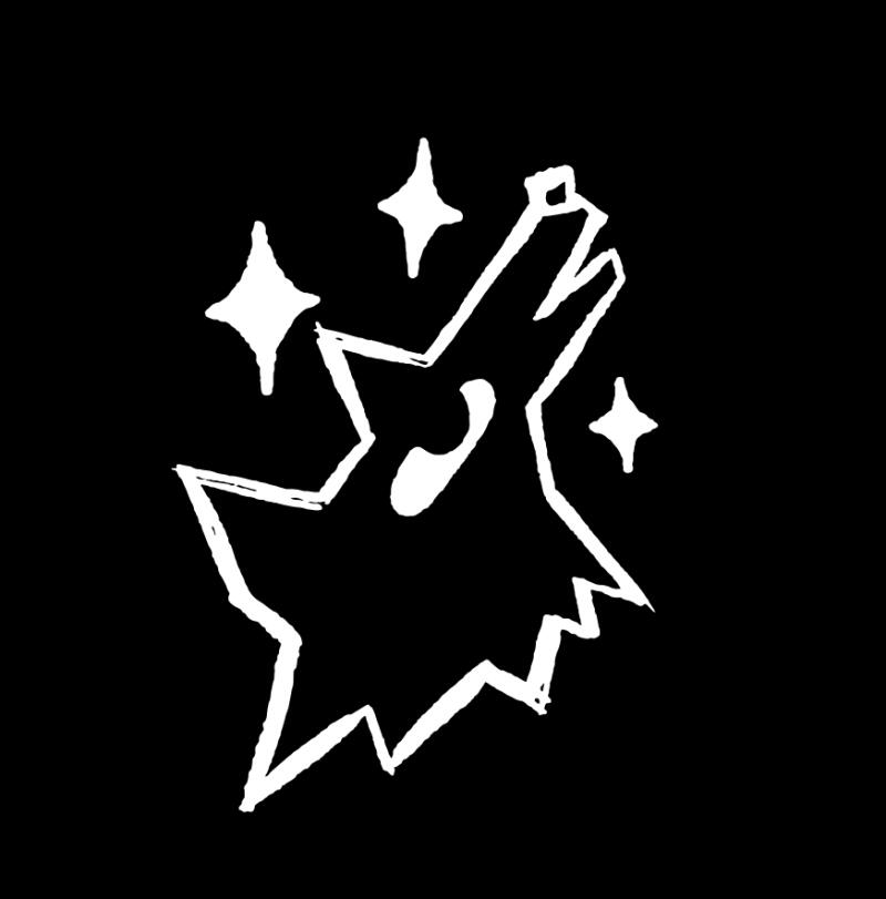 A white, stylized drawing on a black background depicts a howling wolf silhouette surrounded by several stars.