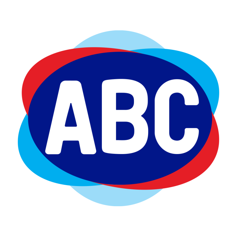 The image features a logo with the text "ABC" in white bold letters, set against a dark blue oval. The oval is surrounded by overlapping arcs in red and various shades of blue, creating a dynamic and layered effect.