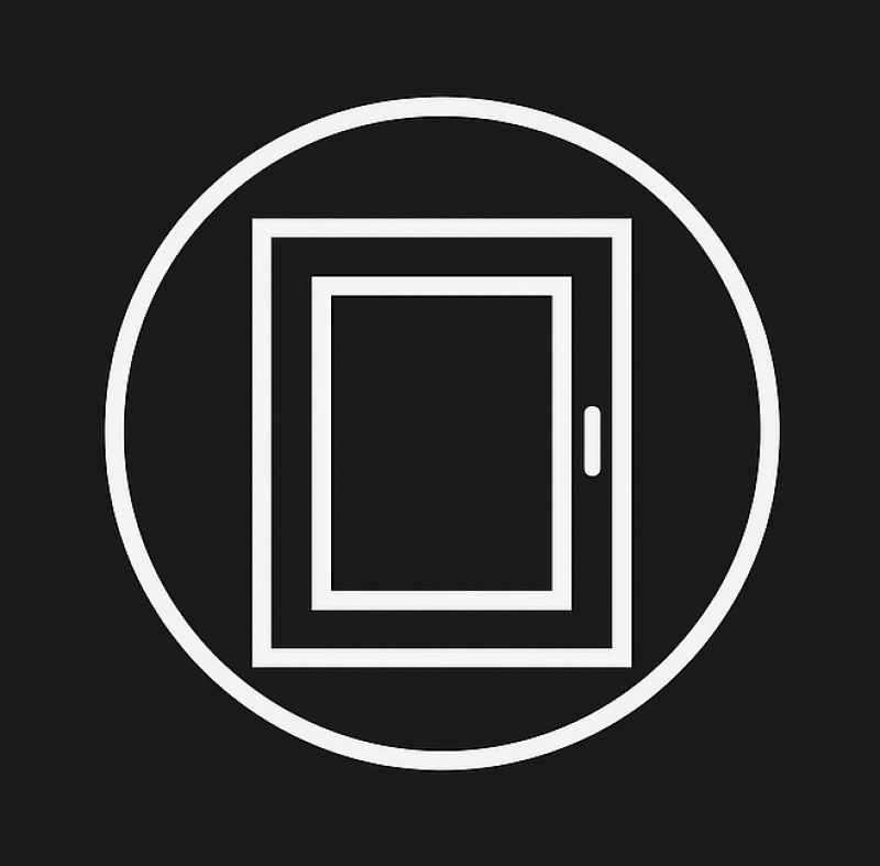 The image shows a white outline of a window with a handle inside a white circle against a black background.
