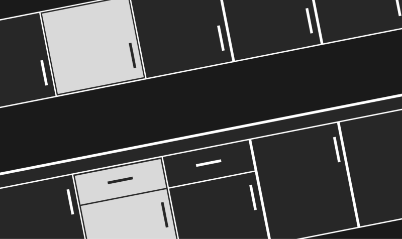 The image shows a schematic of a kitchen with cabinets and drawers in dark gray and light gray, outlined in white.