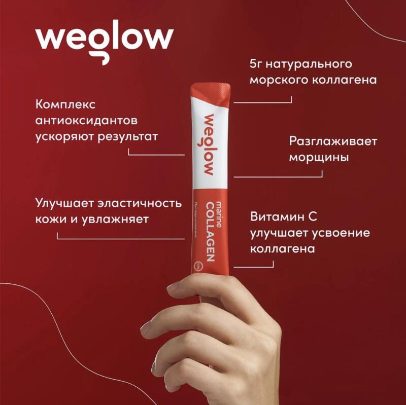 A hand holds a sachet of Weglow marine collagen against a red background with text about the product's benefits, including improving skin elasticity, moisturizing, reducing wrinkles, and containing antioxidants and Vitamin C.