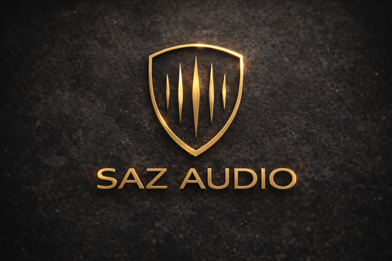 The image features a golden logo with the text "SAZ AUDIO" below a shield emblem containing five vertical lines of varying widths on a textured, dark background.