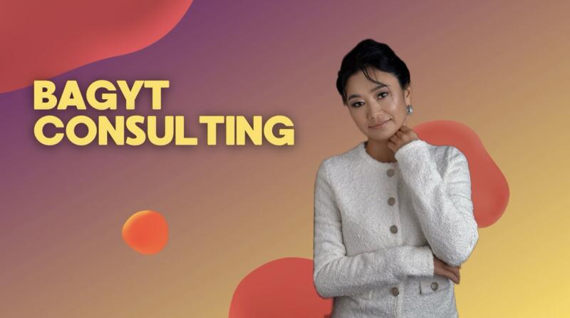 The image shows a woman in a white blazer with the text "BAGYT CONSULTING" beside her on a gradient purple and orange background.