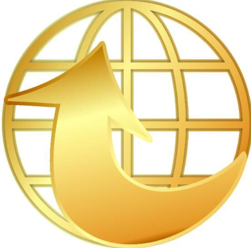 The image features a golden logo-like design consisting of a globe with grid lines and a curved arrow pointing upwards.
