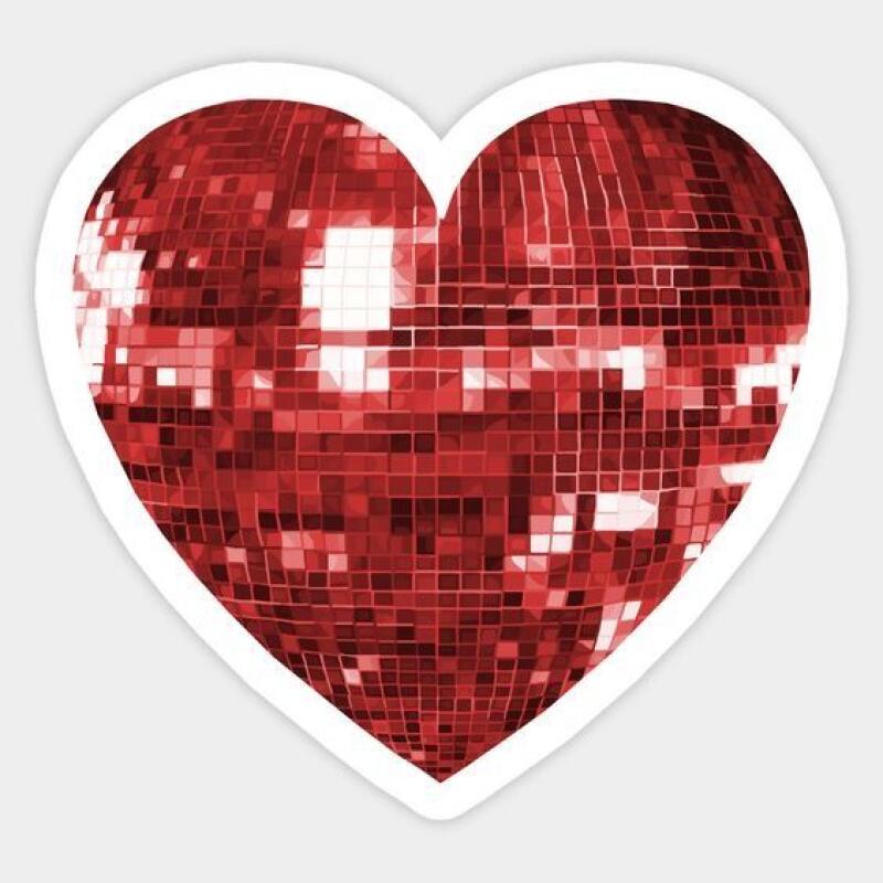 A heart-shaped disco ball with red and white squares.