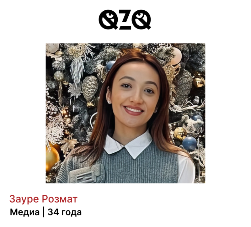 A portrait of Zaure Rozmat, identified as being in media and 34 years old, is set against a decorated holiday background, with the QZQ logo above her.