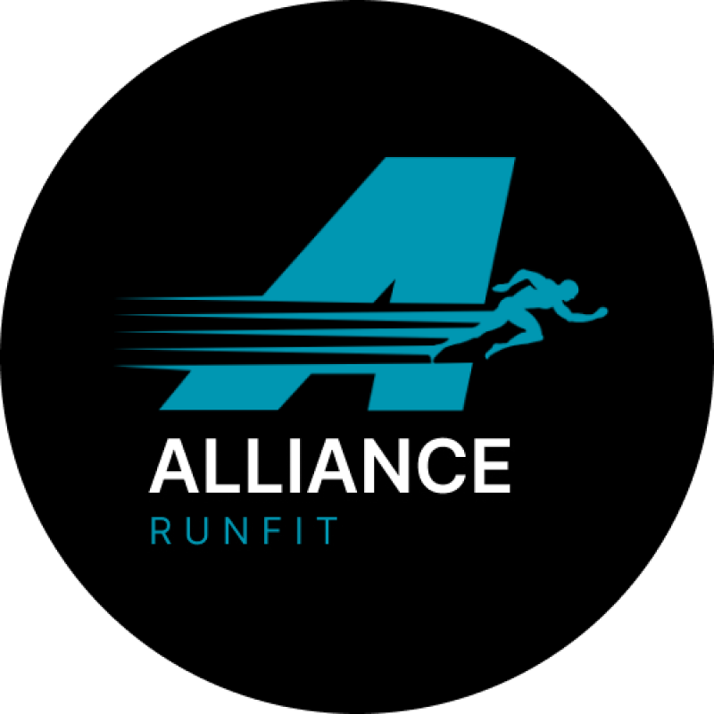The logo features a stylized blue 'A' with speed lines and a runner silhouette, above the words 'ALLIANCE' in white and 'RUNFIT' in blue, all set against a black background.