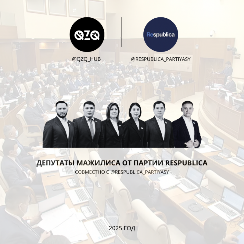 The image shows a group of six people in suits standing above an illustration of a parliamentary seating arrangement, with logos for QZQ and Respublica above them. Text reads "ДЕПУТАТЫ МАЖИЛИСА ОТ ПАРТИИ RESPUBLICA СОВМЕСТНО С @RESPUBLICA_PARTIYASY" and "2025 ГОД".