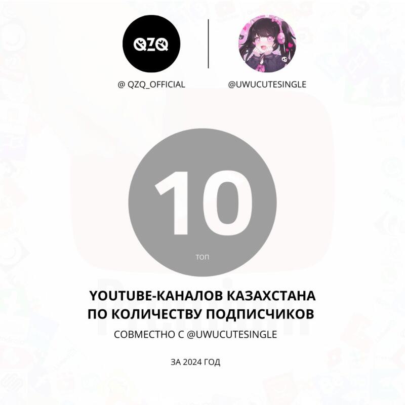 The image displays a promotional graphic for the "Top 10 YouTube Channels of Kazakhstan by Number of Subscribers" for 2024, in collaboration with @UWUCUTESINGLE, featuring the logos of QZQ and @UWUCUTESINGLE.