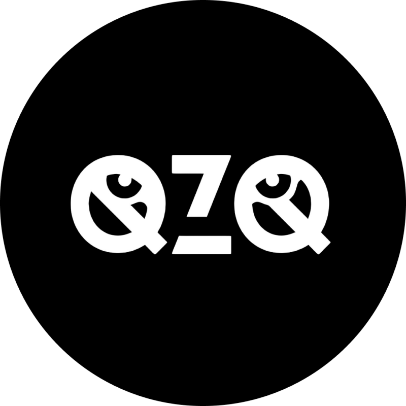The image displays the text "QZQ" in white against a black background, with the "Q" characters stylized to include an eye within their shapes.