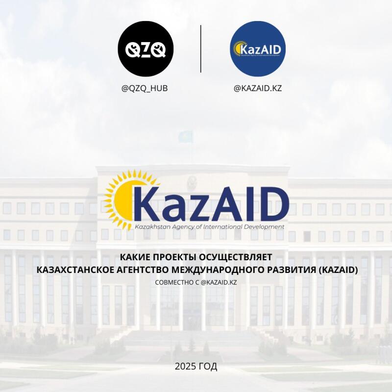 The image features the logos of 'QZQ' and 'KazAID' with their respective social media handles, followed by 'KazAID' logo and the text 'Kazakhstan Agency of International Development'. Below this are the phrases 'КАКИЕ ПРОЕКТЫ ОСУЩЕСТВЛЯЕТ КАЗАХСТАНСКОЕ АГЕНТСТВО МЕЖДУНАРОДНОГО РАЗВИТИЯ (KAZAID)' and 'СОВМЕСТНО C @KAZAID.KZ'. The image also includes the year '2025 ГОД'.