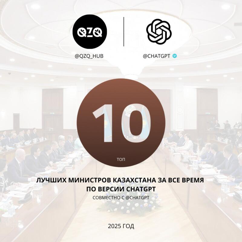 The image displays a graphic with the logos of QZQ and ChatGPT at the top, followed by the number '10' inside a brown circle. Below, text reads 'TOP' and 'BEST MINISTERS OF KAZAKHSTAN OF ALL TIME ACCORDING TO CHATGPT, IN COLLABORATION WITH @CHATGPT' along with the year '2025'. A blurred image of a meeting room with numerous attendees is in the background.