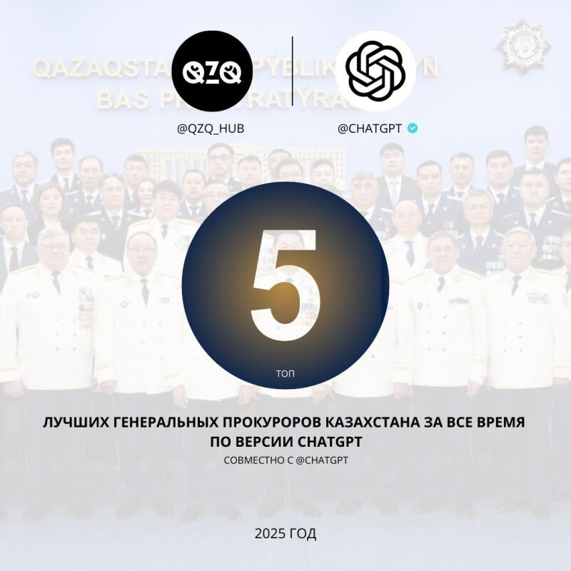 The image displays a promotional graphic for "Top 5 General Prosecutors of Kazakhstan of All Time According to ChatGPT," featuring logos of QZQ and ChatGPT, a group of uniformed individuals in the background, and the year 2025.