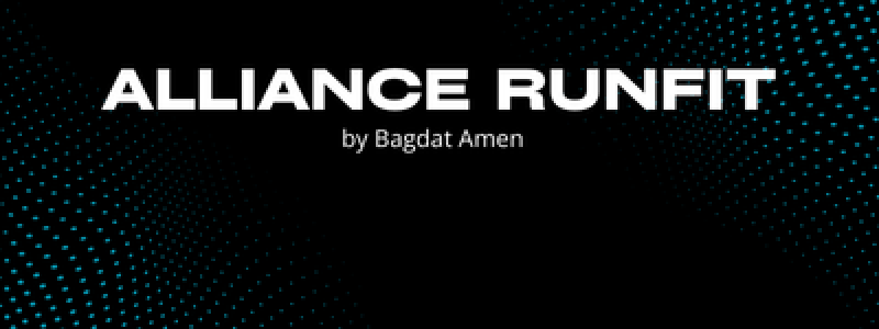 The image displays the text "ALLIANCE RUNFIT by Bagdat Amen" in white against a black background with a subtle blue dotted pattern.