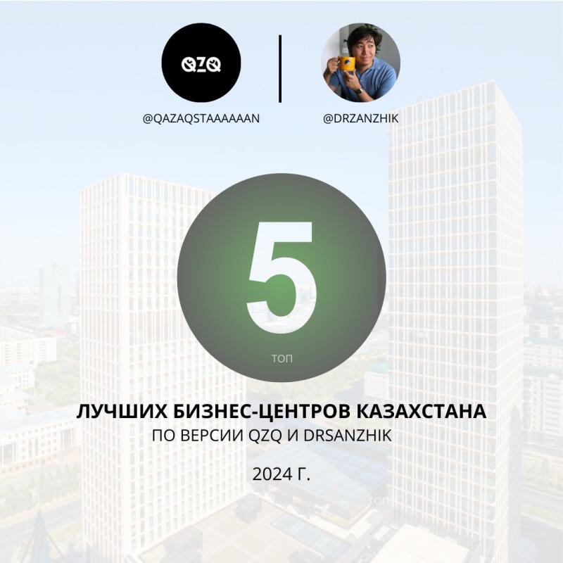 The image displays a graphic featuring the 'Top 5 Business Centers of Kazakhstan' according to QZQ and DRSANZHIK for the year 2024, with the number '5' prominently displayed in a green circle, and social media handles @QAZAQSTAAAAAAN and @DRZANZHIK shown above, against a backdrop of tall buildings.