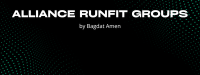 На изображении темный фон с текстом "ALLIANCE RUNFIT GROUPS" белого цвета, за которым следует "by Bagdat Amen" меньшим шрифтом, с узором из зеленых точек в левом нижнем и правом верхнем углах.
