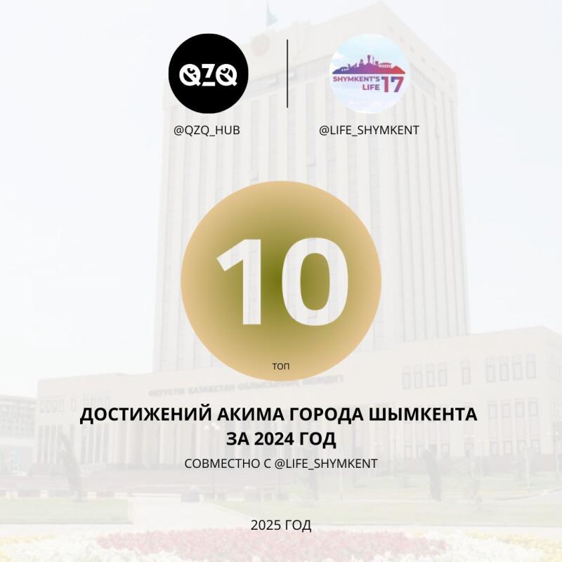 The image features logos for QZQ_HUB and LIFE_SHYMKENT, a graphic of the number 10 inside a yellow circle, and the text "ДОСТИЖЕНИЙ АКИМА ГОРОДА ШЫМКЕНТА ЗА 2024 ГОД СОВМЕСТНО C @LIFE_SHYMKENT 2025 ГОД".