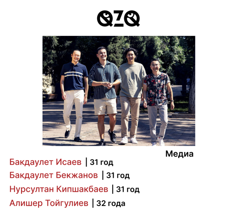 Four men are walking outside in casual clothes, with the text "QZQ" at the top and names and ages listed below them, followed by the word "Media".