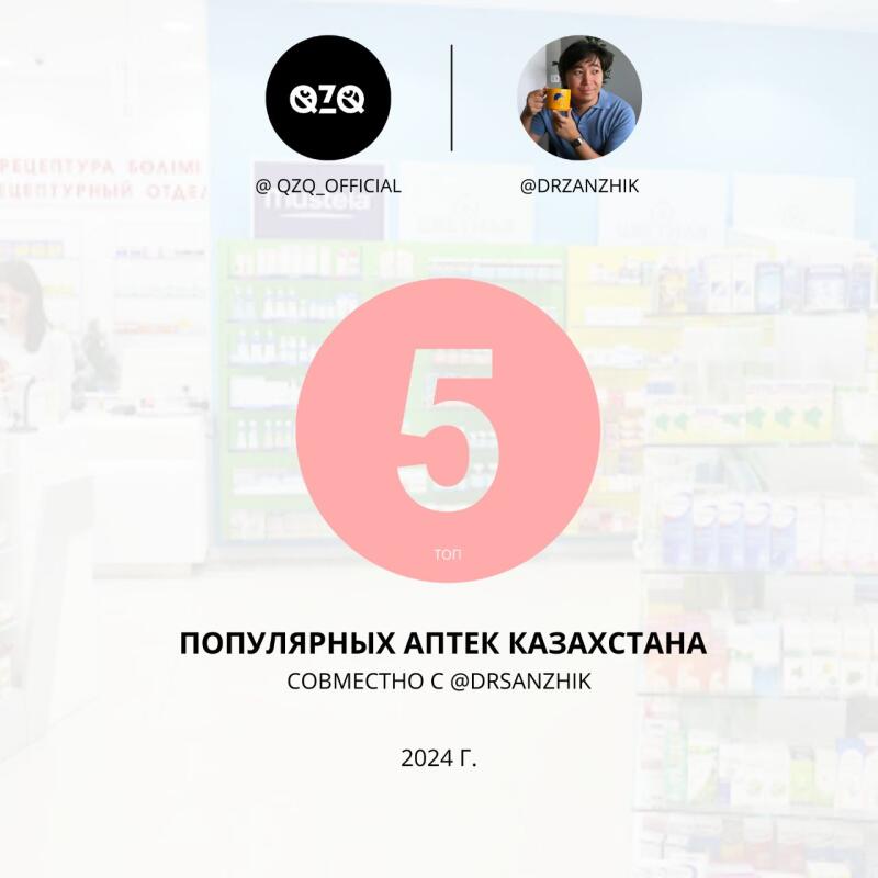 The image displays a promotional graphic for the 'Top 5 Popular Pharmacies of Kazakhstan,' featuring the logos of 'QZQ' and '@DRZANZHIK,' along with the text 'СОВМЕСТНО С @DRSANZHIK' and the year '2024 Г.'