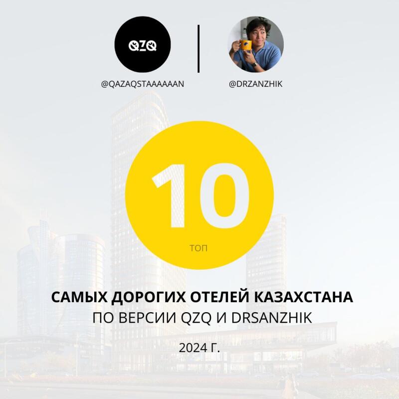 The image features logos and usernames @QAZAQSTAAAAAAN and @DRZANZHIK, a yellow circle with the number 10 and the word "TOP" inside, and the text "THE MOST EXPENSIVE HOTELS IN KAZAKHSTAN ACCORDING TO QZQ AND DRSANZHIK 2024."