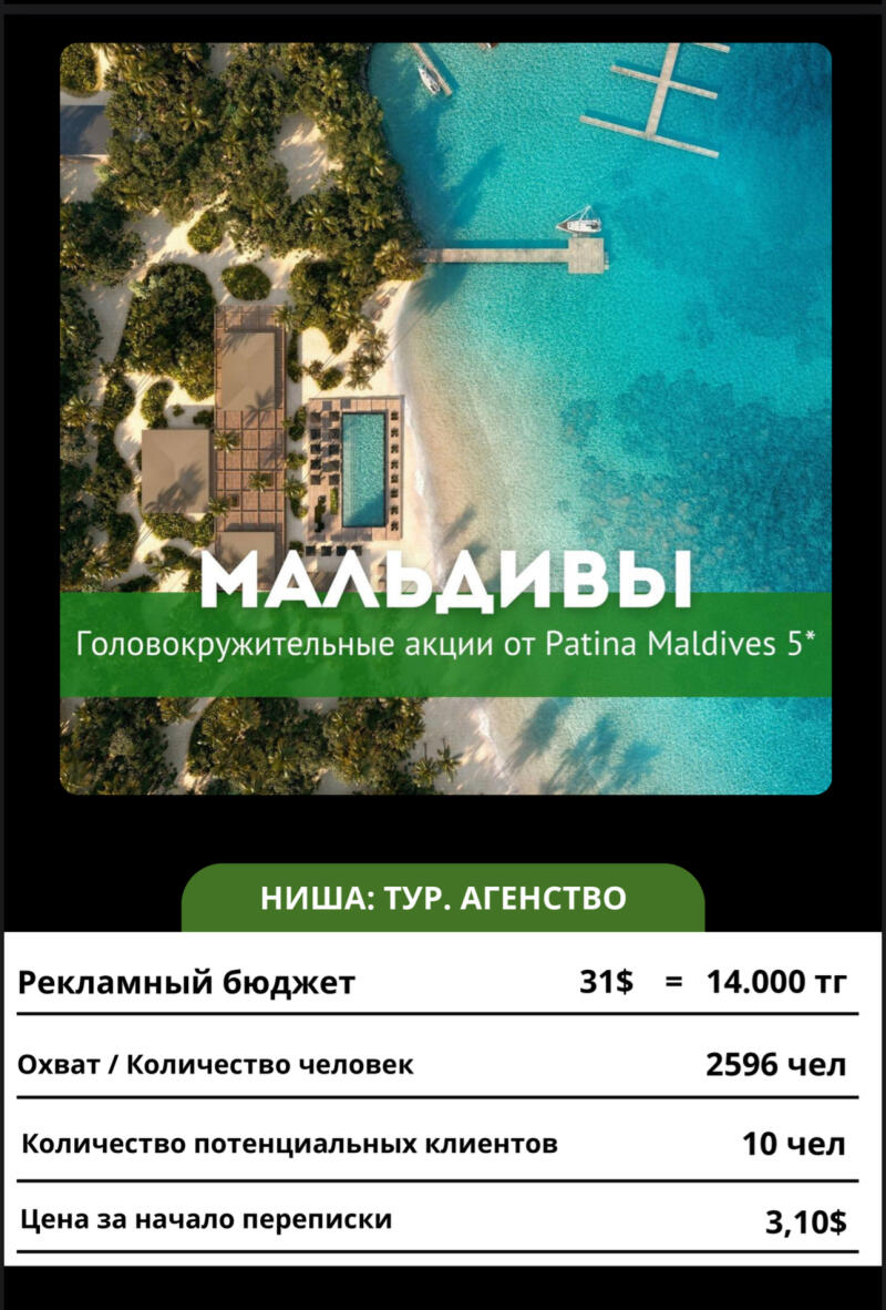 The image displays an advertisement for travel to the Maldives, featuring an aerial view of a tropical resort with clear blue waters and lush greenery. The ad includes promotional text and pricing information, such as the advertising budget, reach, number of potential clients, and the price to start a conversation.