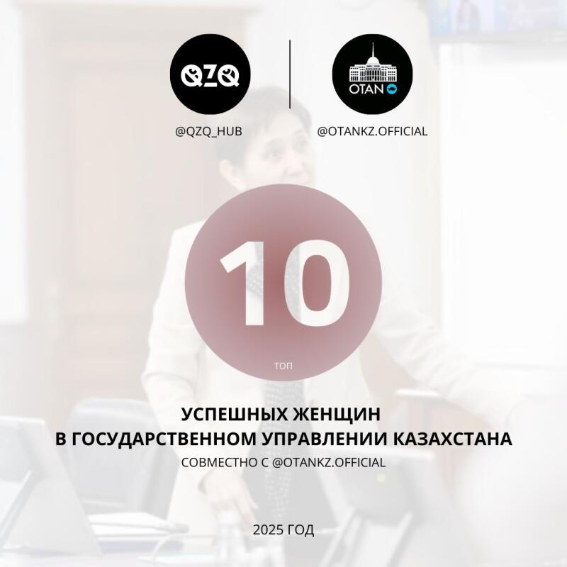 The image displays a promotional graphic with the text 'QZQ' and '@QZQ_HUB' next to a logo of 'OTAN' and '@OTANKZ.OFFICIAL', above the number '10' and the word 'топ' (top). The text below states 'УСПЕШНЫХ ЖЕНЩИН В ГОСУДАРСТВЕННОМ УПРАВЛЕНИИ КАЗАХСТАНА' (Successful Women in Public Administration of Kazakhstan), 'СОВМЕСТНО C @OTANKZ.OFFICIAL' (In collaboration with @OTANKZ.OFFICIAL), and '2025 ГОД' (2025 Year).