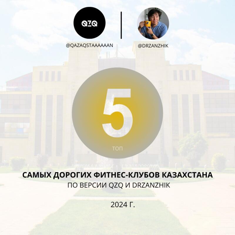 The image features a promotional graphic listing the "Top 5 Most Expensive Fitness Clubs in Kazakhstan" according to QZQ and DRZANZHIK, dated 2024. It includes logos and usernames for QZQ (@QAZAQSTAAAAAAN) and DRZANZHIK (@DRZANZHIK).