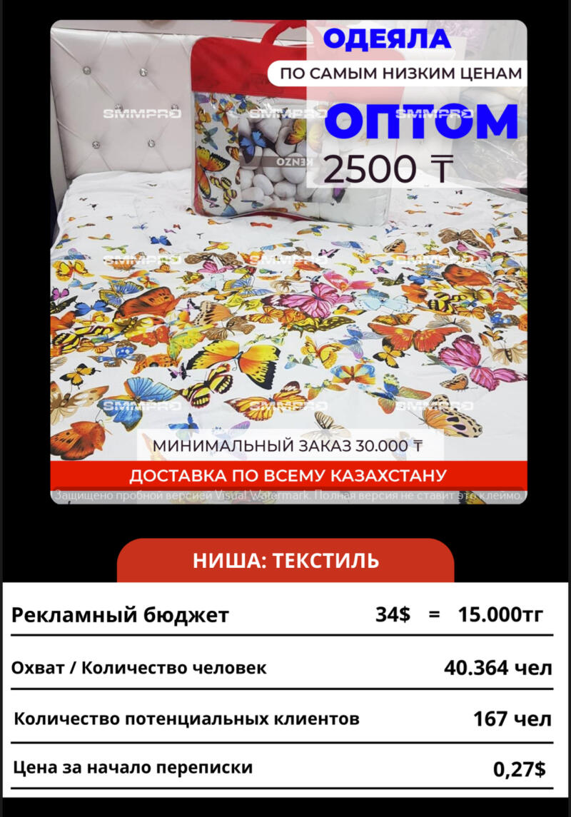 The image displays an advertisement for blankets, showcasing a bed set with a colorful butterfly pattern; the ad highlights bulk sales at 2500 T, a minimum order of 30,000 T, and delivery across Kazakhstan. Text on the image includes 'Blankets at the lowest prices,' and it also presents advertising budget information: 34$ = 15,000 tg, reach/number of people: 40,364 people, number of potential clients: 167 people, price for starting correspondence: 0.27$.