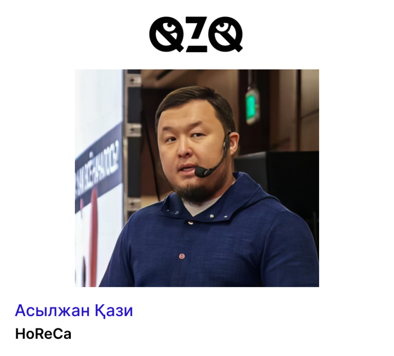 The image shows a man with a headset, wearing a dark blue shirt, under the QZQ logo, and text below that reads "Асылжан Қази HoReCa".