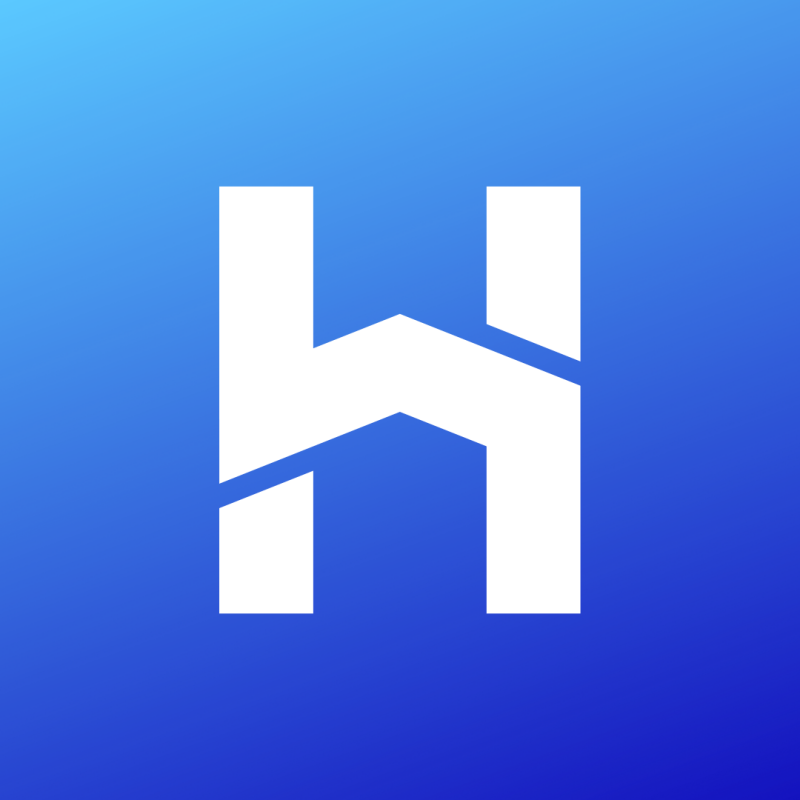 The image features a stylized white letter 'H' with a gap in the middle, set against a gradient blue background.