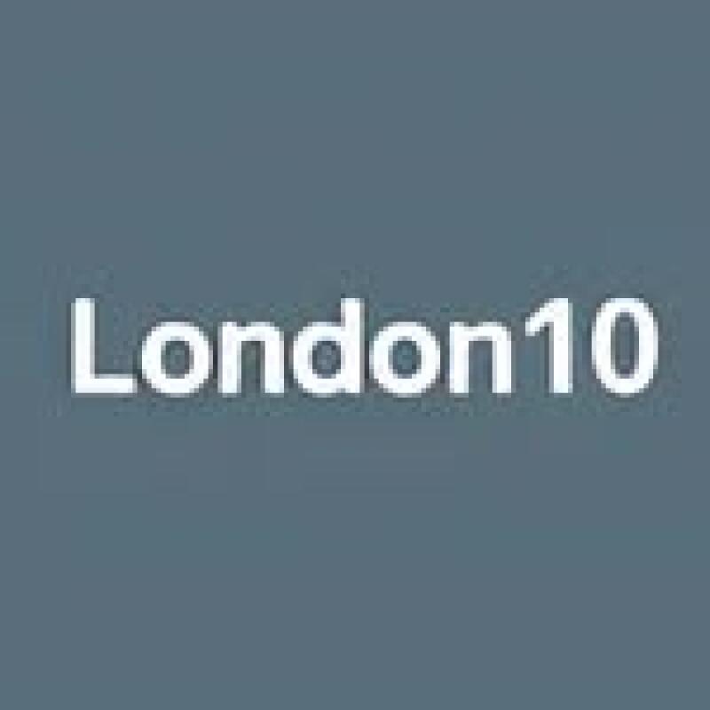 The image shows the word "London10" in white text on a grey-blue background.
