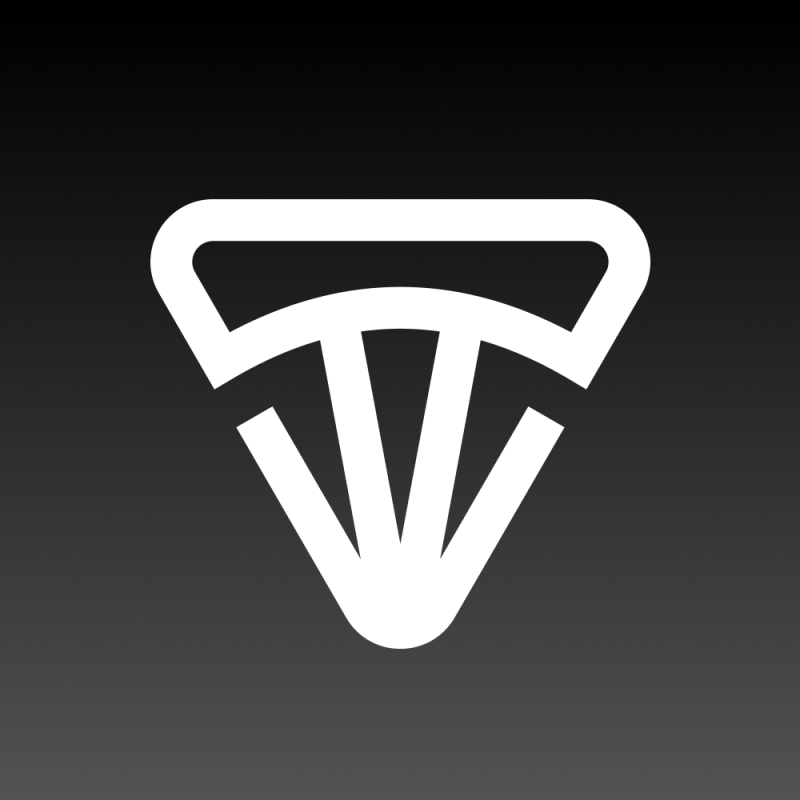 The image features a white, stylized logo resembling a parachute or abstract pendant against a dark gray background.