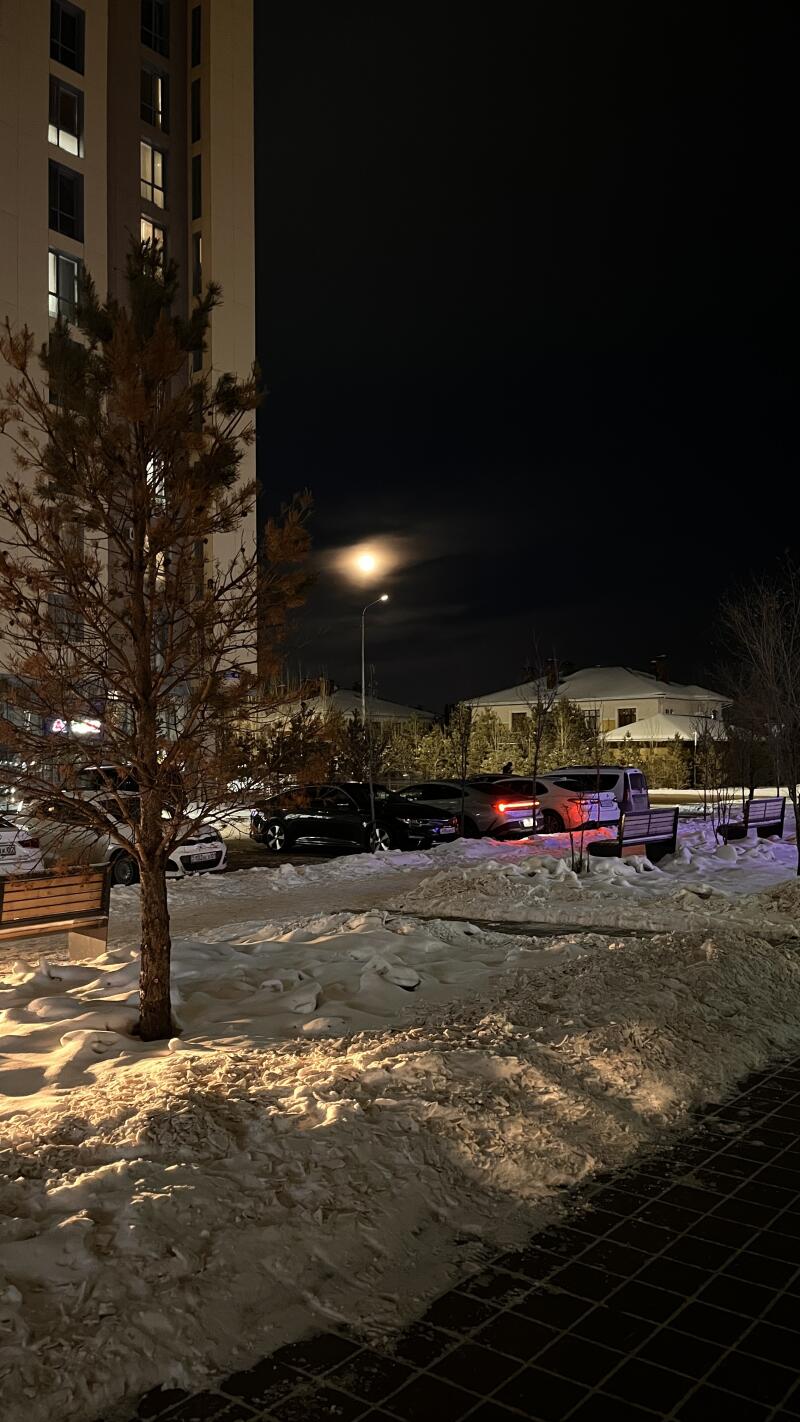 The image shows a winter night scene with snow-covered ground, several parked cars, and a tall building illuminated by streetlights.