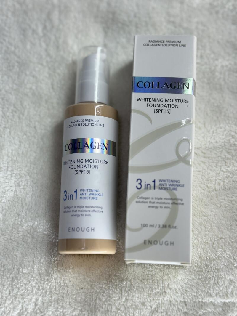 A bottle and box of 'Collagen' whitening moisture foundation [SPF15] are displayed, highlighting the product's radiance premium collagen solution line and 3-in-1 whitening, anti-wrinkle, and moisture benefits, with the brand name 'ENOUGH' prominently featured.