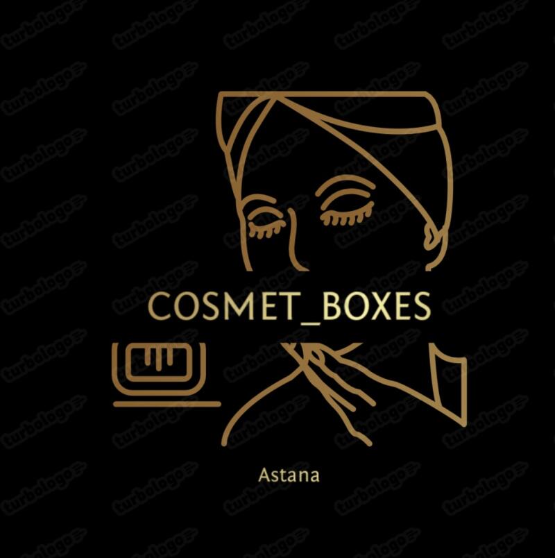 The logo features a woman's face with a head wrap, stylized hands, and a cosmetic box graphic, along with the text "COSMET_BOXES" and "Astana" in gold against a black background.