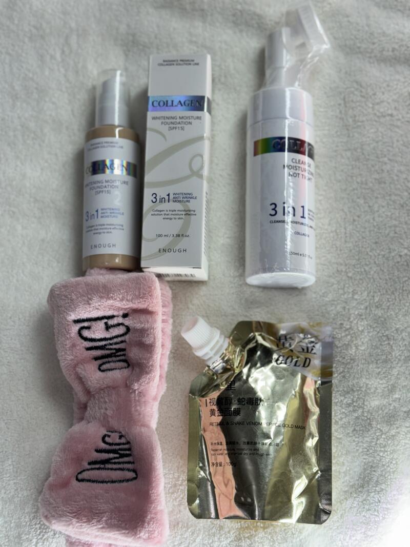 The image displays various skincare products including 'Collagen Whitening Moisture Foundation SPF15', 'Collagen 3 in 1 Cleanser', and 'Retal & Snake Venom Peptide Gold Mask', alongside a pink headband with 'OMG!' printed on it.