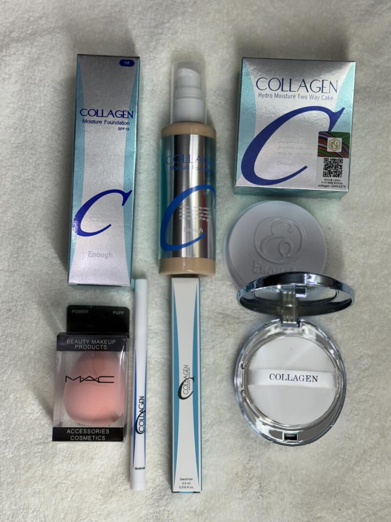 The image shows a collection of COLLAGEN brand makeup products, including moisture foundation, hydro moisture two-way cake, and other cosmetics, along with a MAC beauty makeup accessories product.