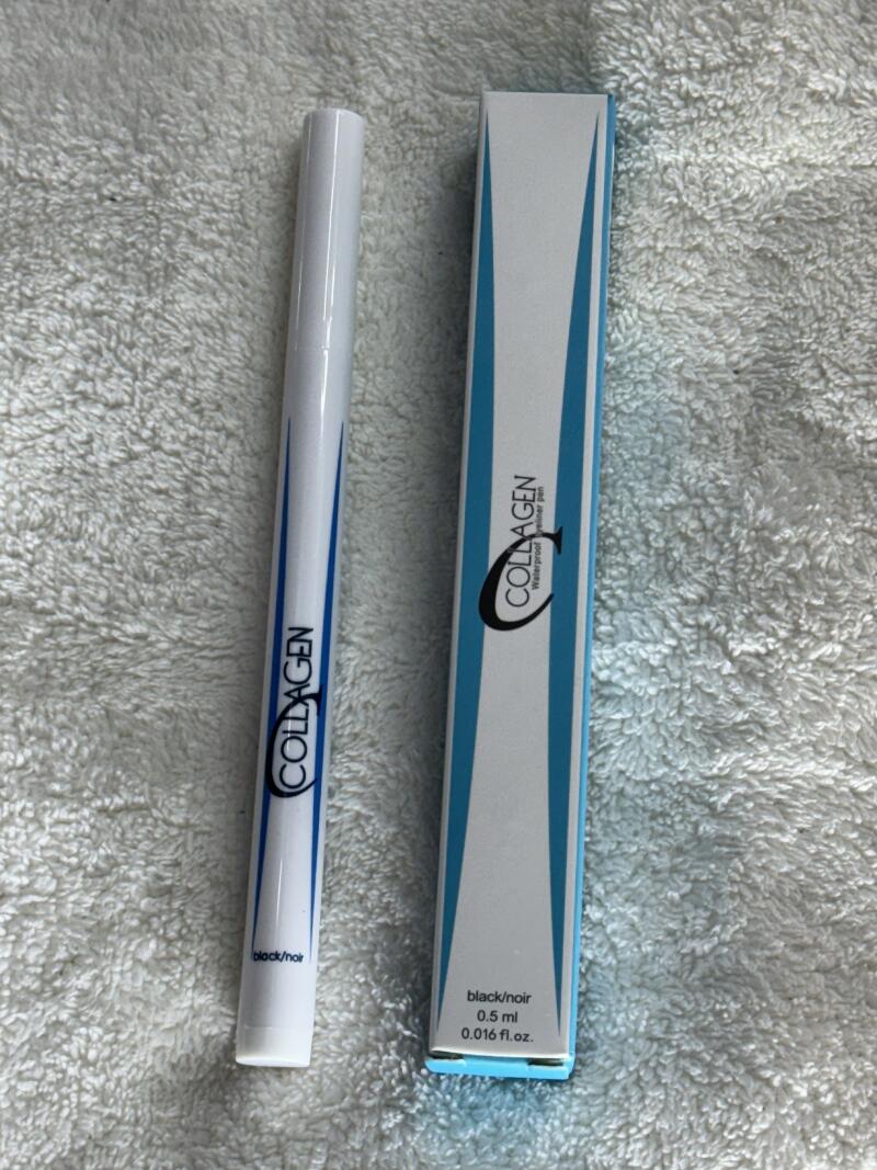 A white eyeliner pen and its packaging box are displayed, both labeled with 'COLLAGEN' and 'black/noir'. The box also indicates the volume as '0.5 ml 0.016 fl.oz'.