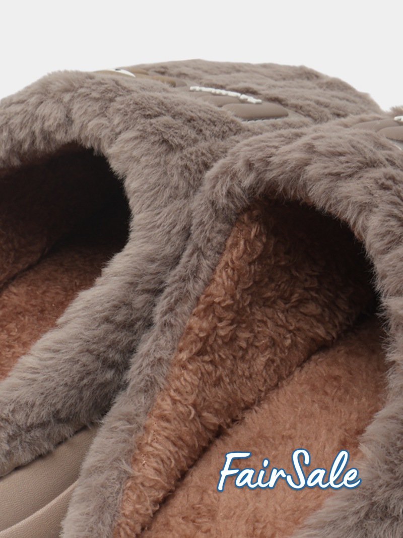A close-up shows the fluffy lining and outer material of a slipper, with the text "FairSale" visible at the bottom.
