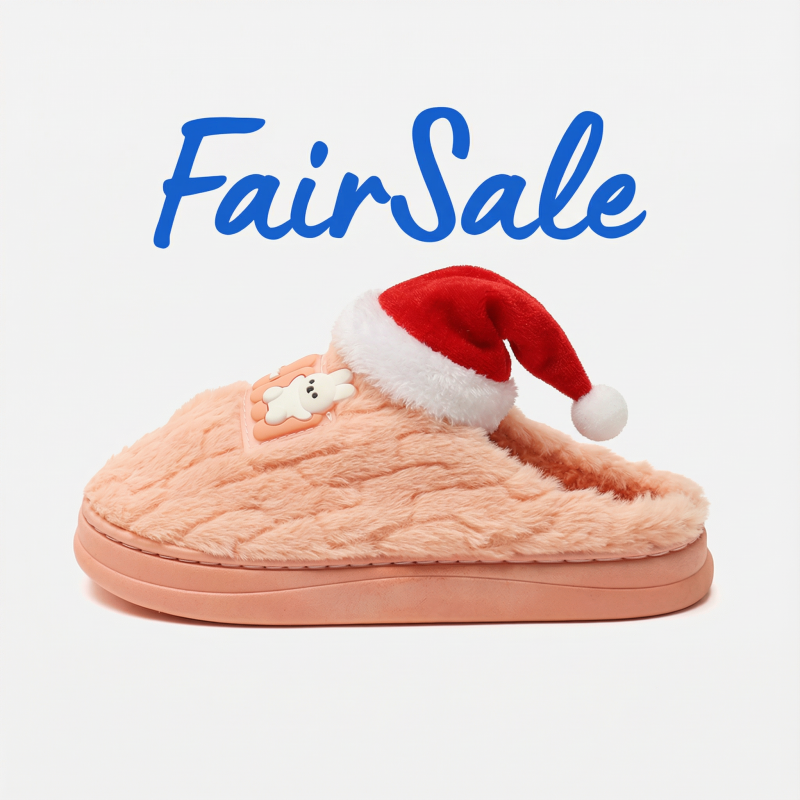 A fluffy pink slipper is decorated with a Santa hat, and the text "FairSale" is displayed in blue above the slipper.