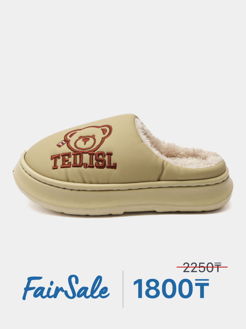 A beige slipper with an embroidered bear and the text "TED.ISL" is displayed against a white background, along with promotional text indicating a sale price of 1800.