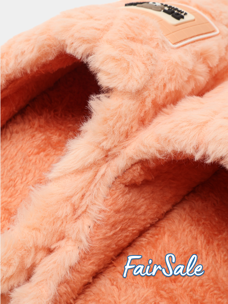 A close-up shows a peach-colored furry fabric with a patch on the top, and the text "Fair Sale" is visible at the bottom.