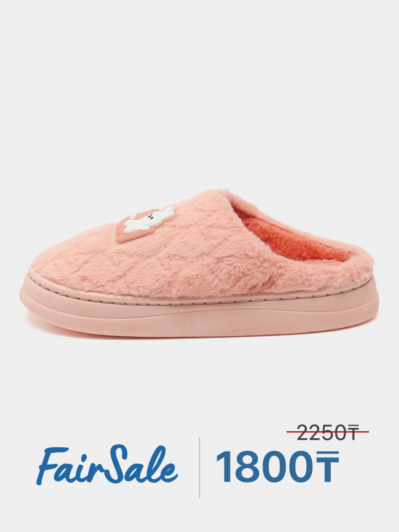 A pink, furry slipper with a cartoon character is displayed next to a FairSale logo and a price of 1800₸.