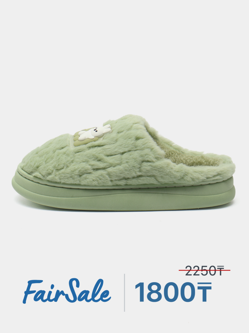 A light green, furry slipper with a cartoon bunny on top, and the text 'FairSale' and '1800〒' displayed.