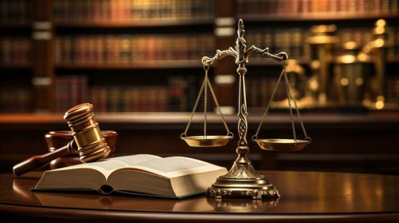 The image shows a scale, a gavel, and an open book on a wooden table, with bookshelves in the background.