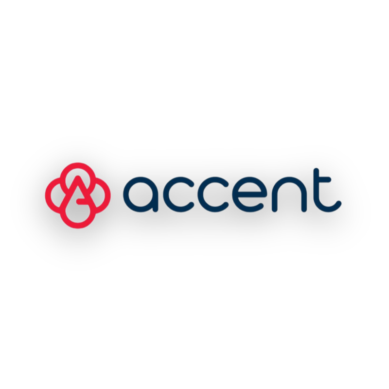 The image features the logo for "accent," with a red stylized flower-like icon to the left and the word "accent" in blue to the right.