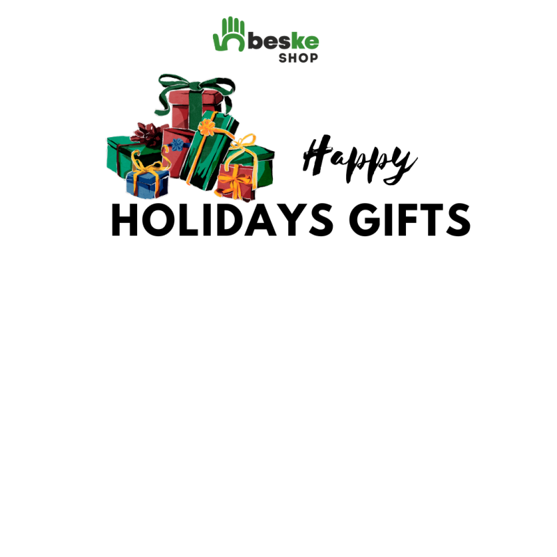 The image shows a stack of colorful gift boxes along with the text "Happy HOLIDAYS GIFTS", and the logo of "beske SHOP" with a hand icon.