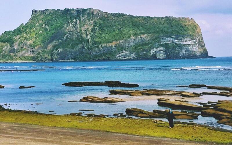 The image shows a coastal scene with a large, layered mountain covered in greenery in the background, a turquoise sea with scattered rocks, and a person standing on a grassy shore.