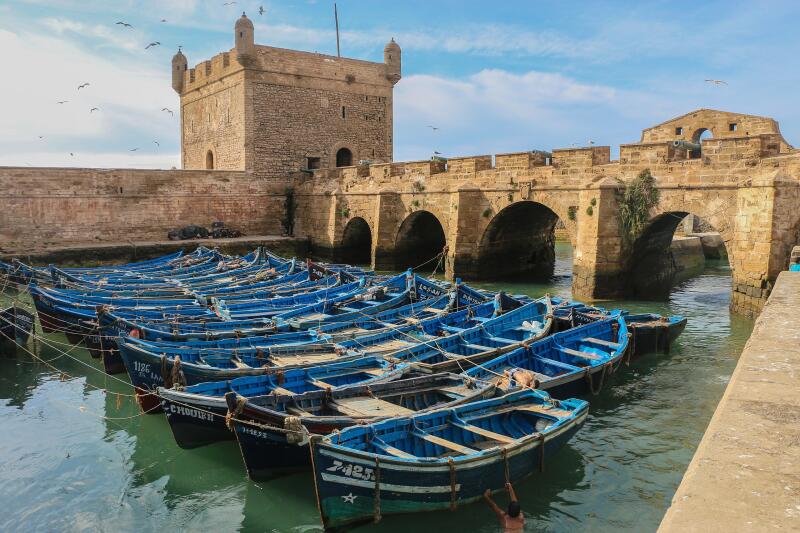 The image features a harbor with many blue fishing boats docked near a stone fortress and bridge under a partly cloudy sky, with birds flying above.